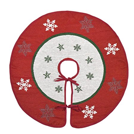 Primode Xmas Tree Skirt 30", White Center with Red Wide Border Around, Snowflakes and Star Design on Jacquard Woven Fabric, Holiday Tree Decoration