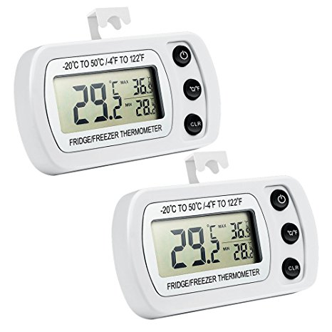 ORIA Refrigerator Thermometer, Freezer Thermometer, Waterproof Mini Digital Thermometer with Hook, LCD Display and Max/ Min Function for Kitchen, Home, Restaurants, Bars, 2 Pack