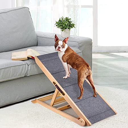 Suteck Wooden Adjustable Dog Ramp, 200Lbs Load Folding Pet Ramp with Portable Handle for All Small Large Animals 6 Height from 13.8” to 25.6” for Bed Couch Car -Durable Frame, High Traction