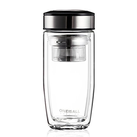 ONEISALL GYBL015 380ML Glass Drinking Water Bottle, Ultra Clear Spill-proof Strong Double-wall Borosilicate Glass Tea Tumbler with Strainer, 490G