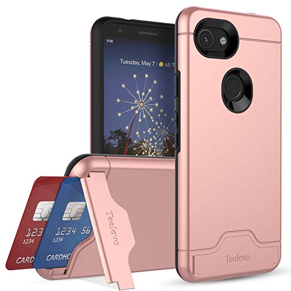 Teelevo Wallet Case for Google Pixel 3a - Dual Layer Case with Card Slot Holder and Kickstand for Google Pixel 3a (2019) - Rose Gold
