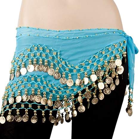 REINDEAR Vogue Style Chiffon Dangling Gold Coins Belly Dance Hip Scarf US Seller