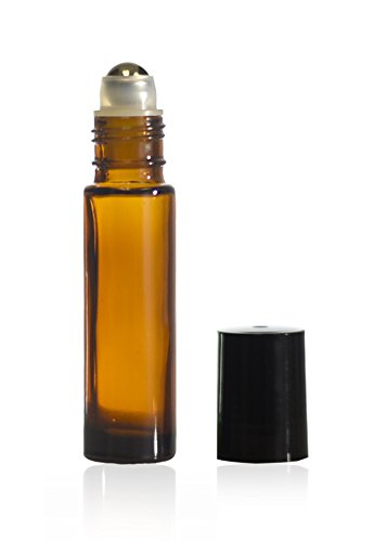 10 ml (1/3 oz) Amber Glass Roll on Bottle with Stainless Steel Ball & BPA Free Black Caps (12)