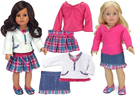 18 Inch Doll Clothing 4 Pc. Set Fits American Girl Dolls Clothes- of Hot Pink & Teal Plaid Doll Skirt Outfit   Denim Skirt W/Plaid Trim Doll Outfit