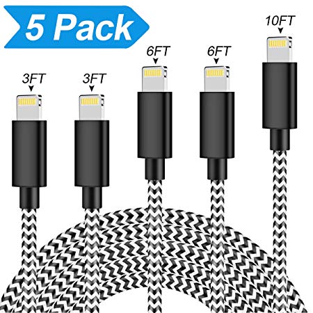 Vasea Phone Charger Cable 5 Pack [3/3/6/6/10FT] Nylon Braided Charger Cord USB Fast Charging Cable Compatible Phone XS/XS MAX/XR/X/8/7 Plus/6S/6/SE and More (Black)