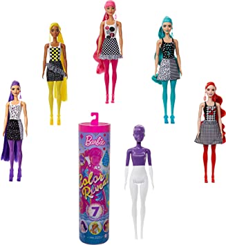 Barbie Color Reveal Doll with 7 Surprises: 4 Mystery Bags Contain Surprise Hair Piece, Skirt, Shoes & Earrings; Water Reveals Doll’s Look & Color Change on Bodice & Hair [Styles May Vary]