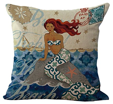 The Retro mediterranean mermaid Pillow Case Cotton Blend Linen Cushion Cover Sofa Decorative Square 18 Inches family life (3)