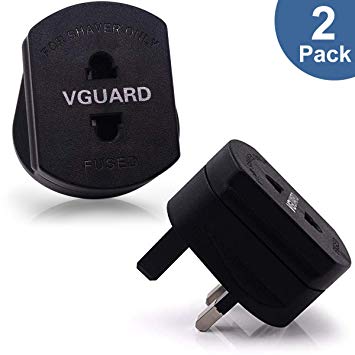 VGUARD 1A Fuse Adaptor Plug, 2 Pack UK Adapter Plug 2 Pin (Round or Flat) to 3 Pin for Electric Shaver/Toothbrush - Black