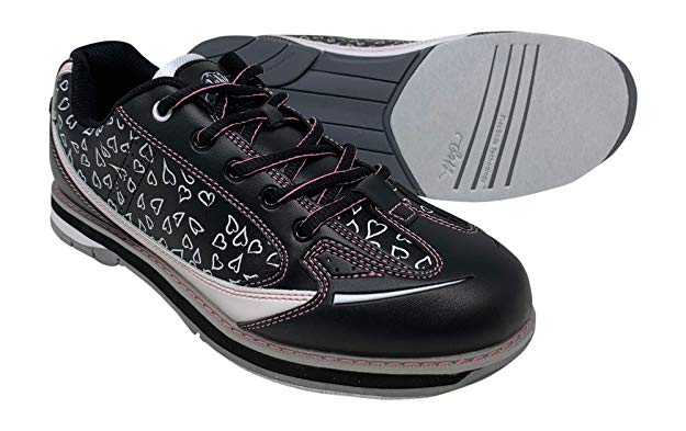 SaVi Bowling Products Women's Vienna Hearts White/Black/Pink Bowling Shoes_ Ladies Stylish Lace Up w/Universal Soles for Right or Left Handed Bowlers