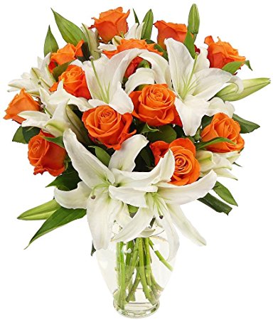 Benchmark Bouquets Orange Roses and White Oriental Lilies, With Vase, 1 Pound