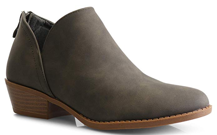 Women's Madeline Western Almond Round Toe Slip on Bootie - Low Stack Heel - Zip Up - Casual Ankle Boot