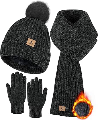 Winter Warm Hat Scarf and Touch Screen Gloves Set, Knitted Pom Beanie Hat Neck Warmer Long Scarf Winter Gloves for Women Men