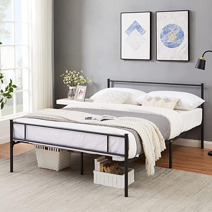 VECELO Metal Platform Bed Frame Queen Size with Headboard and Footboard, 12'' Under-Bed Storage & Strong Slats Support, No Box Spring Needed