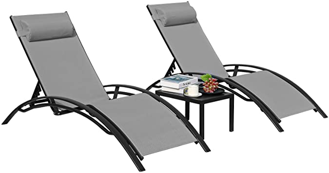 GARTIO Patio Chaise Lounge Chair Aluminum 3 Set w/Table, Adjustable 4 Gears Sunbathing Deck Chair Portable Outdoor w/Headrest, for Poolside, Beach, Backyard, Lawn, Porch, Deck, Garden, 330lbs Max Load