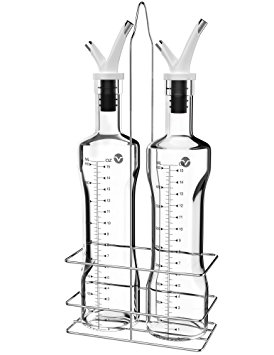 Vremi 17 oz Olive Oil and Vinegar Dispenser Set - Glass Cruet Bottles for Salad Dressing and Cooking - No Drip Double Pourer Spout Stainless Steel Caddy Rack - Kitchen Dispensing Cruets White Stoppers