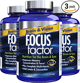 Focus Factor Brain and Vision Supplement, 120 Count - Eye Vitamin and Mineral Supplement w/Lutein and Zeaxanthin – Brain Supplement for Focus, Concentration, Memory (3 Pack)
