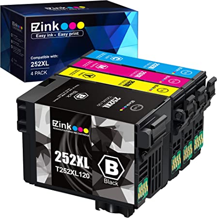 E-Z Ink (TM) Remanufactured Ink Cartridge Replacement for Epson 252XL 252 XL T252XL120 to use with Workforce WF-7110 WF-7720 WF-7710 WF-3620 WF-3640 (1 Large Black, 1 Cyan, 1 Magenta, 1 Yellow) 4 PACK