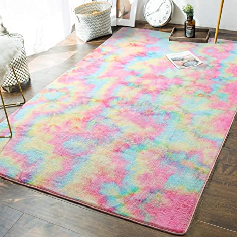 Andecor Soft Girls Room Rugs - 4 x 6 Feet Fluffy Rainbow Area Rug for Kids Baby Room Bedroom Nursery Home Decor Large Floor Carpet