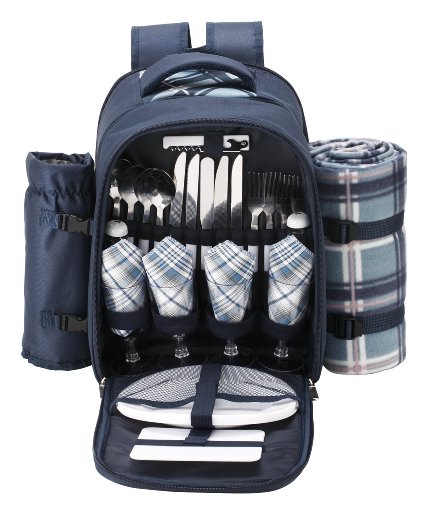 VonShef - 4 Person Blue Tartan Picnic Backpack With Cooler Compartment, Detachable Bottle/Wine Holder, Fleece Blanket, Flatware and Plates