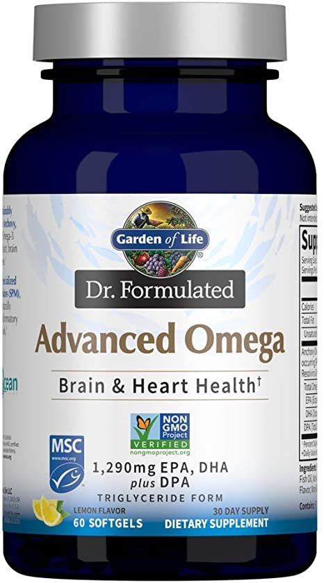 Garden of Life Dr. Formulated Advanced Omega Fish Oil - Lemon, 1,290mg EPA, DHA   DPA in Triglyceride Form, Single Source Omega 3 Supplement for Ultimate Brain & Heart Health, Non-GMO, 60 Softgels