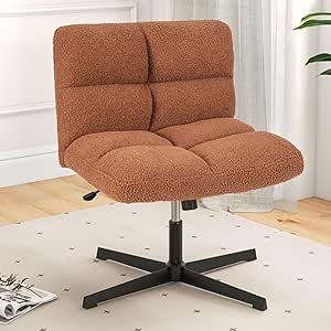 Giantex Criss Cross Chair, Faux Fur Armless Cross Legged Office Desk Chair No Wheels, Height Adjustable Computer Swivel Task Chair, Modern Wide Seat Boucle Vanity Chair for Home Office, Brown