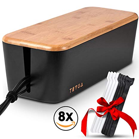 TEYGA Bamboo Cable Management Box - Stylish Cord Organizer Box Hides Power Strip and Keeps Cords Untangled - Surge Protector Cover Keeps Children Safe - TV Cord Box for Home and Office (Black)
