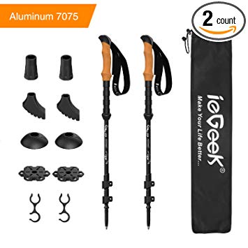 ieGeek Aluminum Trekking Poles - Collapsible Hiking or Walking Sticks for Man Woman - Strong, Lightweight, Flip Locks, Cork Grip, Adjustable Hiking Poles with All Terrain Accessories and Carry Bag