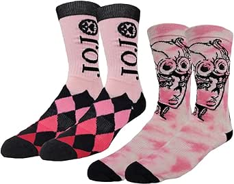 Ripple Junction JoJo's Bizarre Adventure Adult Crew Socks 2 Pack Giorno Pink Tie Dye and Argyle Officially Licensed