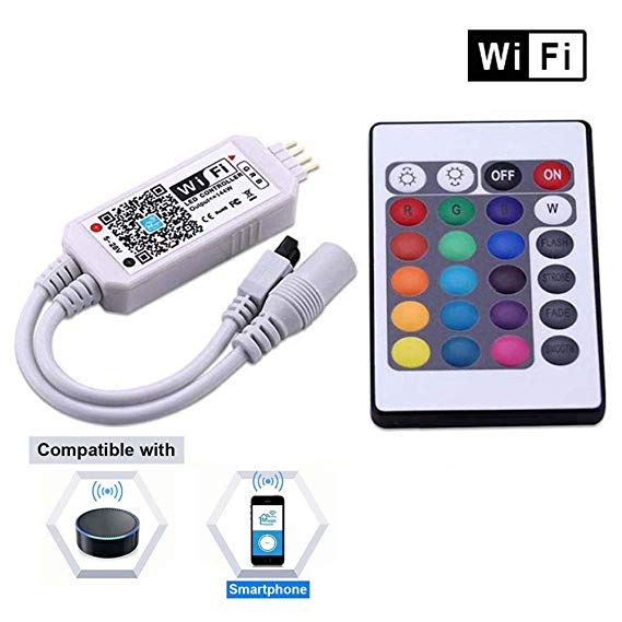 Miheal WiFi Wireless LED Smart Controller Working with Android and iOS System Mobile Phone Free App for RGB LED Light Strips 5050 3528 LEDs 5V to 28V DC 4A Comes with One 24 Keys Remote Control