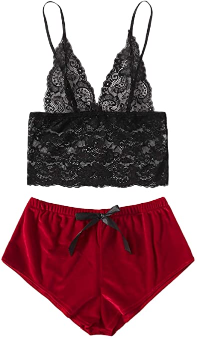 DIDK Women's Floral Lace Bralette and Velvet Shorts Lingerie Set Sleepwear