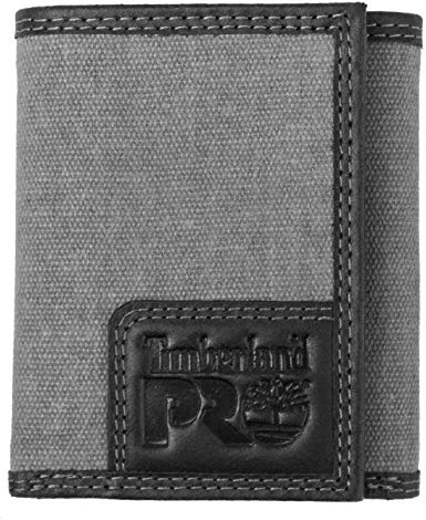 Timberland PRO Men's Canvas Leather RFID Trifold Wallet with Zippered Pocket, charcoal, One Size