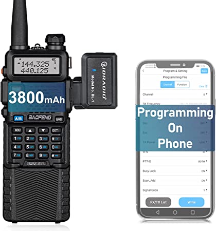 Baofeng UV-5R Ham Radio Handheld High Power Two Way Radio 3800mAh Battery Walkie Talkies with Earpiece and TIDRADIO Wireless Programmer Adapter Support Phone APP Program