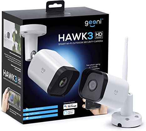 Geeni Hawk 3 HD 1080p Outdoor Security Camera, IP66 Weatherproof WiFi Surveillance with Night Vision and Motion Detection, Compatible with Alexa and Google Assistant, No Hub Required