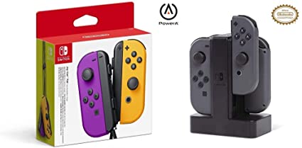 Joy-Con Pair Purple/Orange (Nintendo Switch) & PowerA Charging Station for Nintendo Switch Joy Con Controllers - Nintendo Licensed