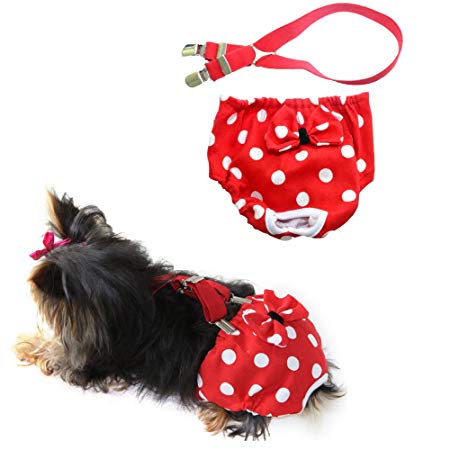 FunnyDogClothes USA SELLER Dog Diaper With Suspenders RED POLKA DOT Reusable Washable for SMALL Dog Breeds