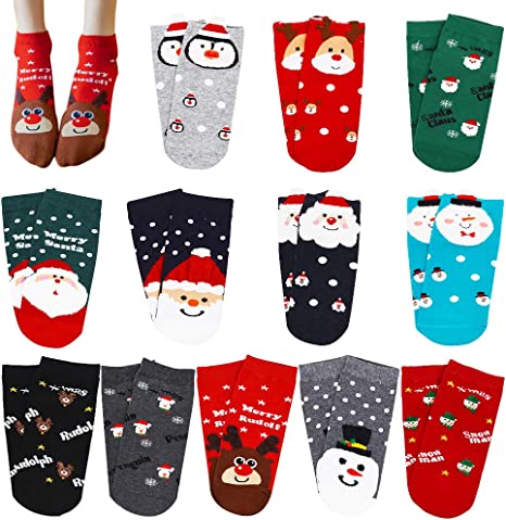 12 Pairs Women Christmas Socks, Holiday Casual Crew Socks Winter Cotton Knit Thermal Socks for Girls Female