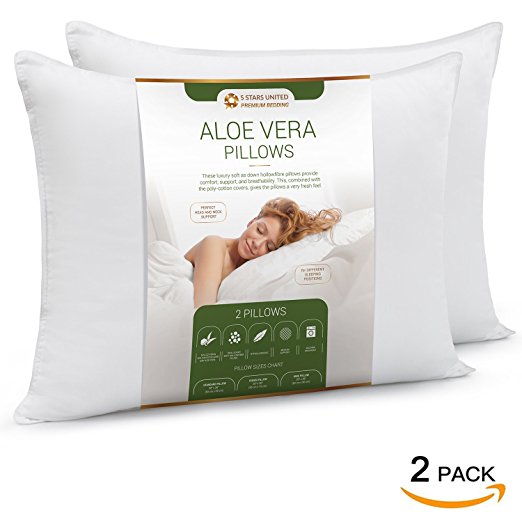 Aloe Vera Pillow for Sleeping - Great Bedding Solution with Perfect Head and Neck Support for Restorative Sleep. Alleviates Neck and Back Pain. Premium Quality Hollowfibre Filling - Standard (2-Pack)