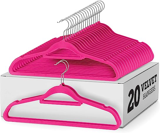 Zober Velvet Hangers 20 Pack - Clothes Hanger W/Tie Bar - Non-Slip, Swivel Hook, Slim Felt Hangers - Suits, Clothes, Pants, Coat Hanger - Pink