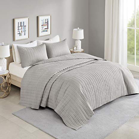 Bedspreads King Overize Quilt Set - Casual Kienna 3 Piece Lightweight Filling Bedding Cover - Gray Stitched Quilt Pattern - All Season Hypoallergenic - Oversized King Coverlet 120" W x 118" L