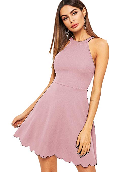 Romwe Women's Scalloped Hem Halter Neck Sleeveless A Line Swing Cocktail Party Dress