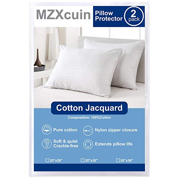 MZXcuin 2-Pack 100% Cotton Pillow Protectors Zipper Pillowcases, Premium Allergy Dust Mite Bed Bug Control – Anti-Microbial 300 Thread Count Pillow Covers（ Standard 20" x 26"）