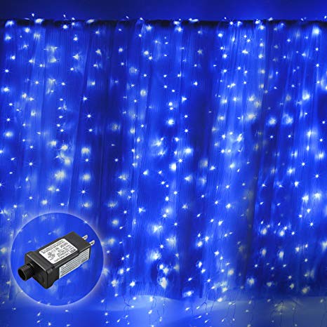 Excelvan Safe Low Voltage Window Curtain Light 19.6x9.8FT 600 LEDs Christmas Curtain Transparent String Fairy LED Lights for Christmas, Wedding, Home, Party, Holiday Decoration, Blue White