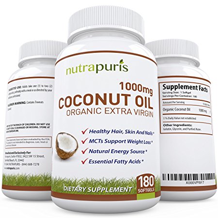 Nutrapuris Organic Coconut Oil Capsules 180 - Premium Coconut Oil Supplement - For Healthy Weight Loss - Enhances Skin Hair and Nails - Increases Natural Energy - 180 Softgels - Lifetime Guarantee!
