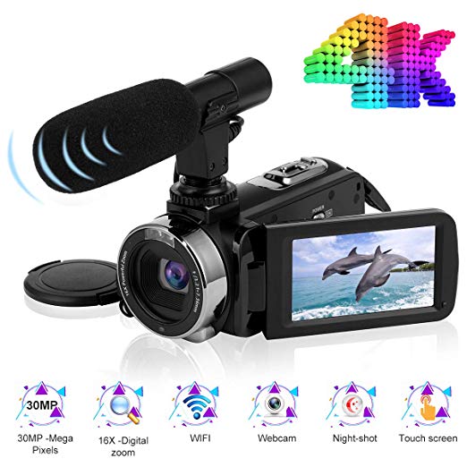 Camcorder Video Camera 4K Ultra HD 24FPS 30.0MP Wi-Fi Vlogging Camera 3.0-inch Touch Screen Night Vision Digital Camera with External Microphone