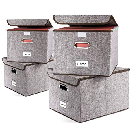 Prandom File Organizer Boxes Set of 4 Collapsible Decorative Linen Storage Hanging Filing Folders with Lids Office Letter Size Gray