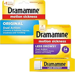 Dramamine Motion Sickness Variety Pack (1-All Day Less Drowsy 8 Count, 1- Original Formula 36 count)