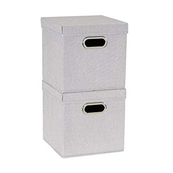 Household Essentials 804-1 Café Cube Bin Storage Set with Lids and Handles | 2 Pack, Grey Linen