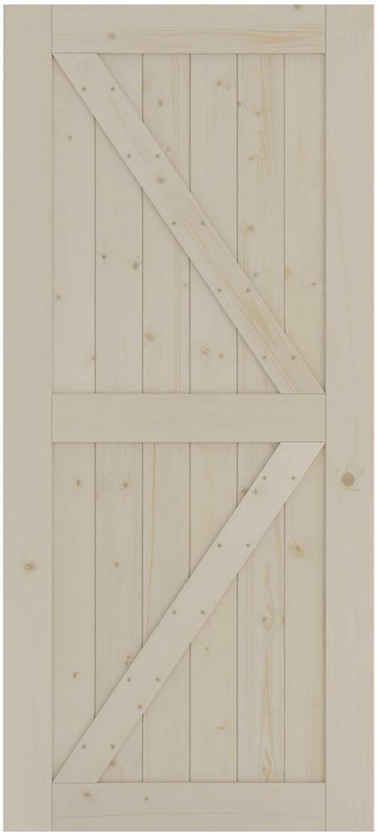 SmartStandard 36in x 80in Sliding Barn Wood Door Pre-Drilled Ready to Assemble, DIY Unfinished Solid Spruce Wood Panelled Slab, Interior Single Door Only, Natural, K-Frame (Fit 6FT-6.6FT Rail)