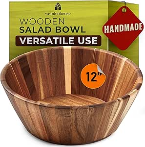 Wooden Salad Bowl, Wood Bowl - 12" Round Design Large Salad Bowl for Serving, Fruit Bowls, Handmade, Durable and Stylish Natural Wood Dining Accessory by Woodenhouse