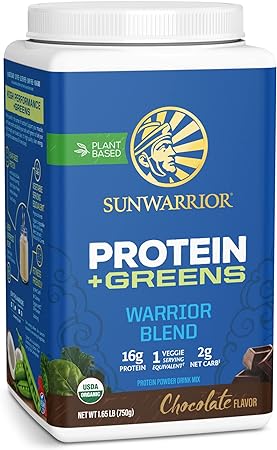 Sunwarrior Warrior Blend Protein Greens Powder Drink Mix | BCAA Plant Based Organic Hemp Seed Vegan Gluten Free Non-GMO Low Carb Protein Powder | Chocolate 750 G 30 SRV